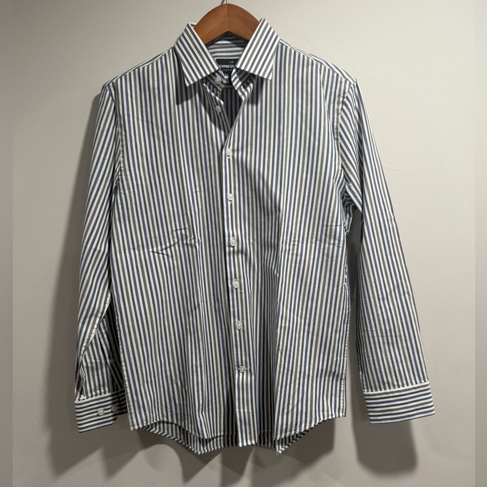 Express 1MX Men's‎ Navy, Gray and White Striped Dress Shirt Size S